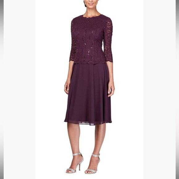 NWT ALEX EVENINGS Scallop Lace Top Tea Length Chiffon Dress Plum Purple Size 6 - Picture 1 of 5
